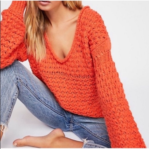 Free People Crashing Waves Orange Knit Oversized Sweater Sz Small - Picture 2 of 6
